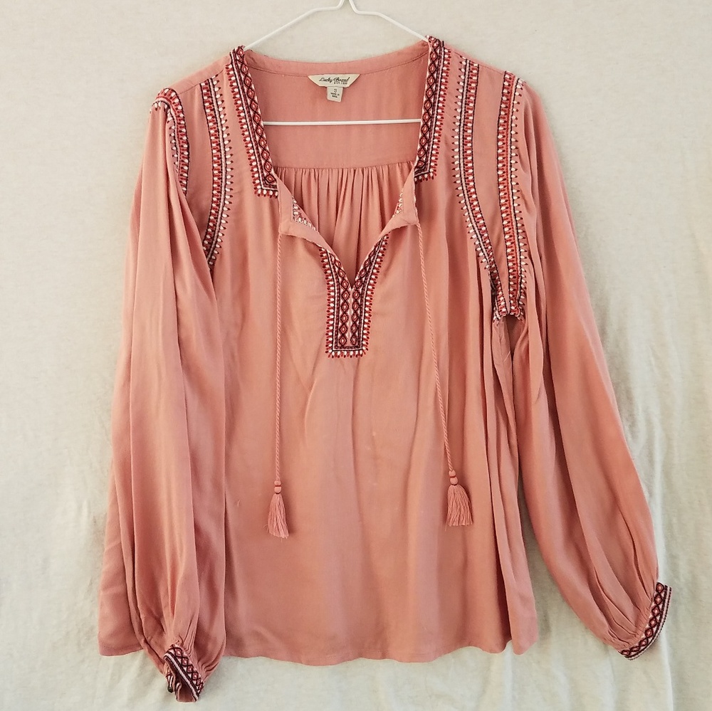 Lucky Brand Dusty Rose Embroidered Peasant Blous